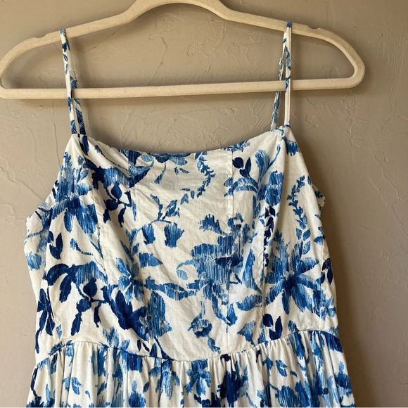 H&M linen blend midi dress sundress floral square neck spaghetti strap classic - Picture 8 of 15